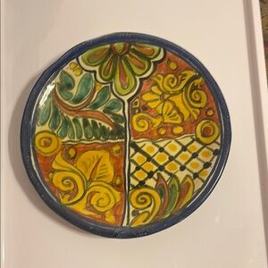 Colorful Mexican style hand painted terracotta 7 1/4 inch wall plate.